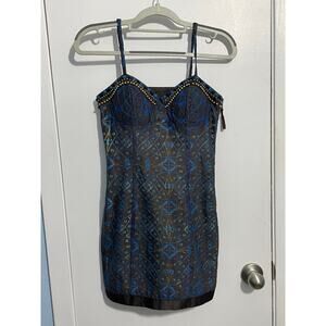 Y2K Forever 21 Dress Small Blue Brown Beaded Embroidered Whimsigoth Office Siren